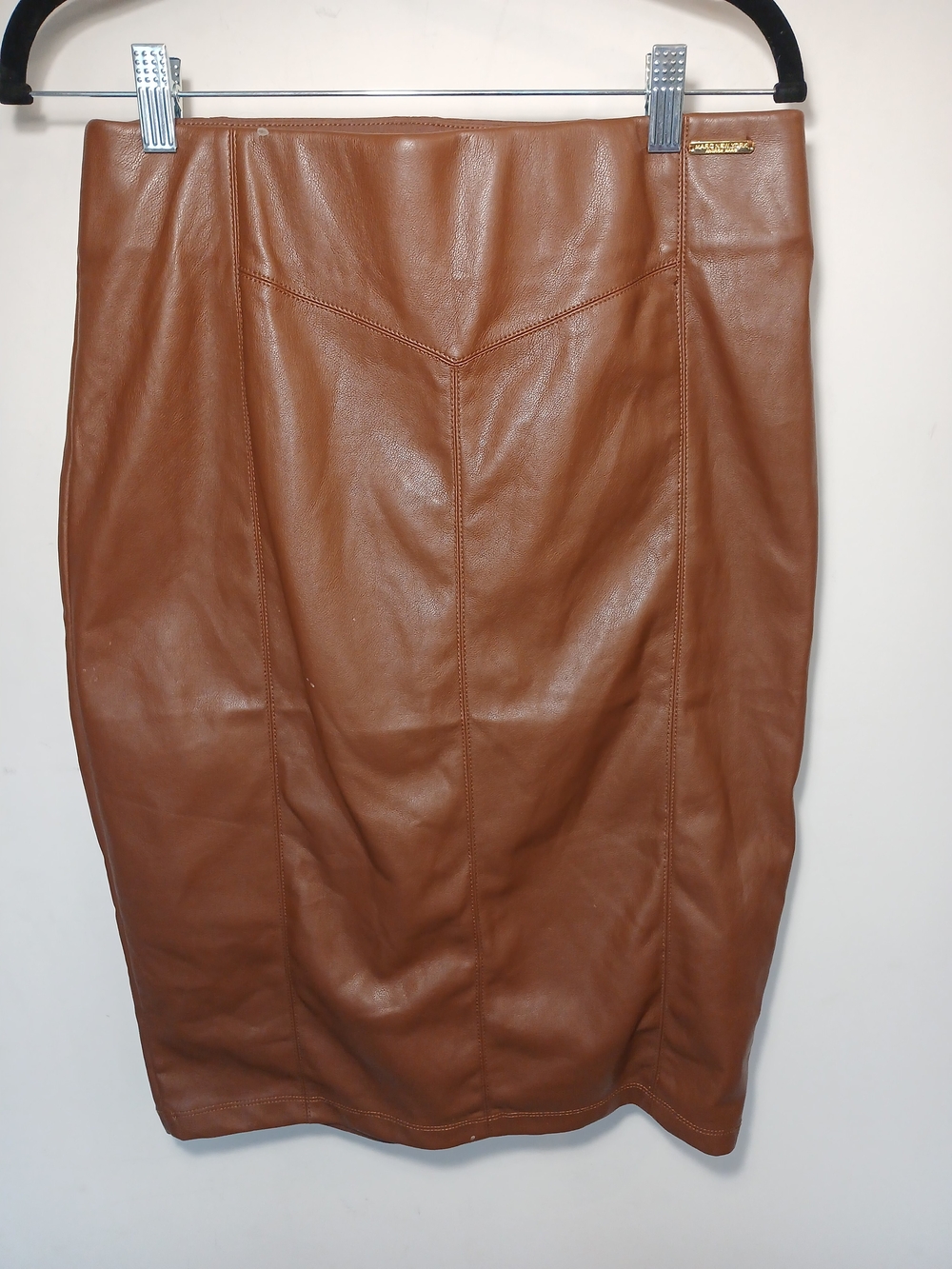 Women’s Tan Faux Leather Pencil Skirt with Branded Plaque